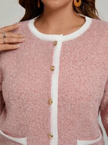 Áo khoác Cardigan cỡ lớn có viền tương phản, trang phục thường ngày, thu/đông - Bụi hồng - Xem 3