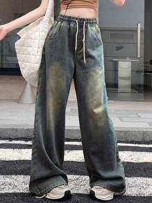 DAZY 女式休闲做旧水洗抽绳腰阔腿牛仔裤