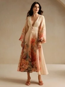 Anewsta Vestido de manga larga con estampado floral, suave y romántico, apropiado para vacaciones a principios del otoño