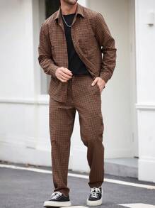 Manfinity Homme Men's Casual Plaid Long Sleeve Shirt And Pants Set, Autumn - Brown - View 1