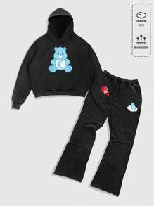 ROMWE X Care Bears 男士休闲卡通字母印花落肩宽松袋口袋连帽衫和抽绳腰长裤套装运动服 - 黑色 - 查看 1
