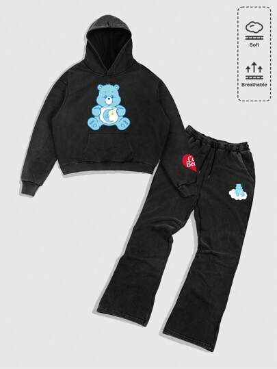 ROMWE MEN ROMWE X Care Bears Conjunto de chándal con sudadera con capucha de manga caída y bolsillo tipo funda con estampado de letras de dibujos animados, y pantalones largos con cordón en la cintura para hombres