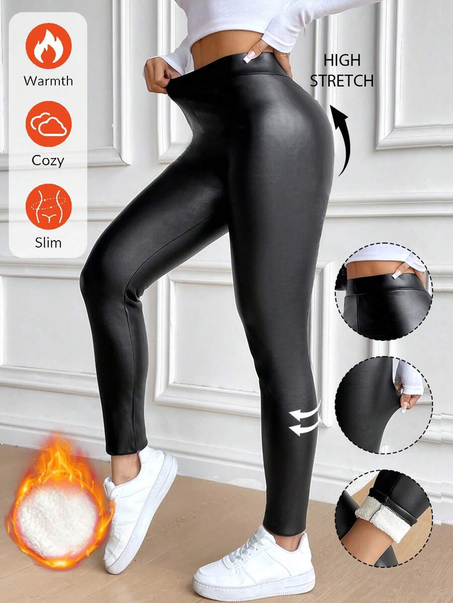 SHEIN Unity Quần legging da PU lót nhiệt màu đen - màu đen - Xem 1