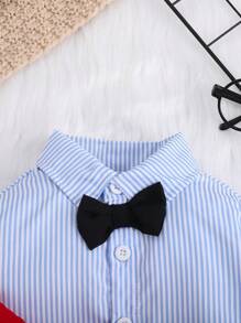 Souflis Souflis 3 件套男婴套装：条纹长袖衬衫、红色圆领毛衣、黑色裤子配黑色领结，适合秋冬季场合，如圣诞派对、家庭聚会、婚礼、拍照 - 彩色 - 查看 8