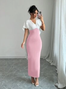 Elenzga 女士 V 领蝙蝠袖纯色拼布休闲长裙 - 粉色 - 查看 1