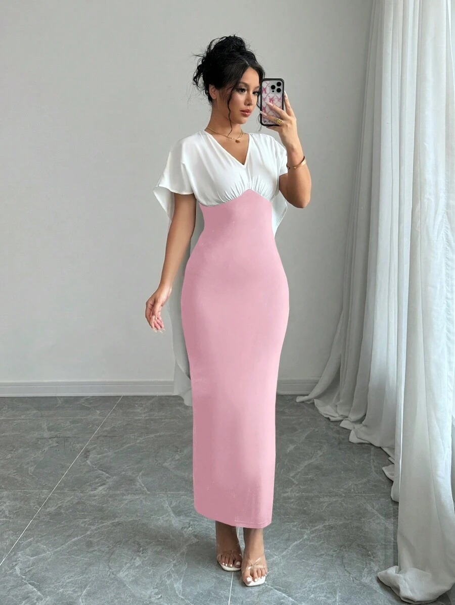 Elenzga 女士 V 领蝙蝠袖纯色拼布休闲长裙 - 粉色 - 查看 1