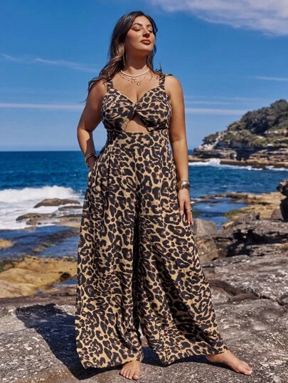 SHEIN VCAY Plus Size Summer Leopard Print Hollow Out Front Loose Sleeveless Jumpsuit, Boho Style For Autumn/Winter Vacation