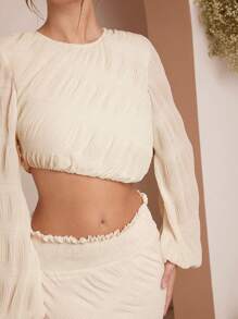 L'Amorae 女士简约优雅纹理灯笼袖宽松衬衫，秋季 - 杏色 - 查看 4