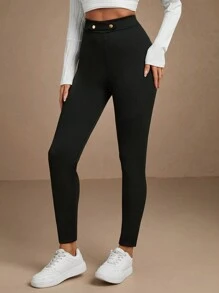 RueChic Women's Fashionable Solid Color Versatile Stretchy Skinny Leggings - Black - View 4