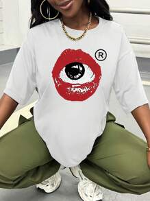 SHEIN Slayr Top casual simple de cuello redondo, manga corta, estampado de labios