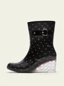 Cuccoo Women Minimalist All-Over Print Metal Decor Rain Boots, Casual For Daily Wear Black For Christmas And New Year Holiday Vibe Fall And Winter - Black - View 2