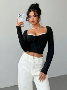 Aloruh Women Lace Splice Colorblock Crew Neck Fitted Long Sleeve T-Shirt - Black - View 1