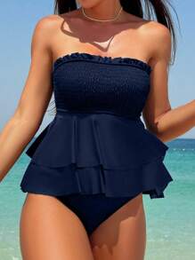 Swim Mod Women's Summer Beach Solid Color Strapless Tankini Set - Navy Blue - View 1