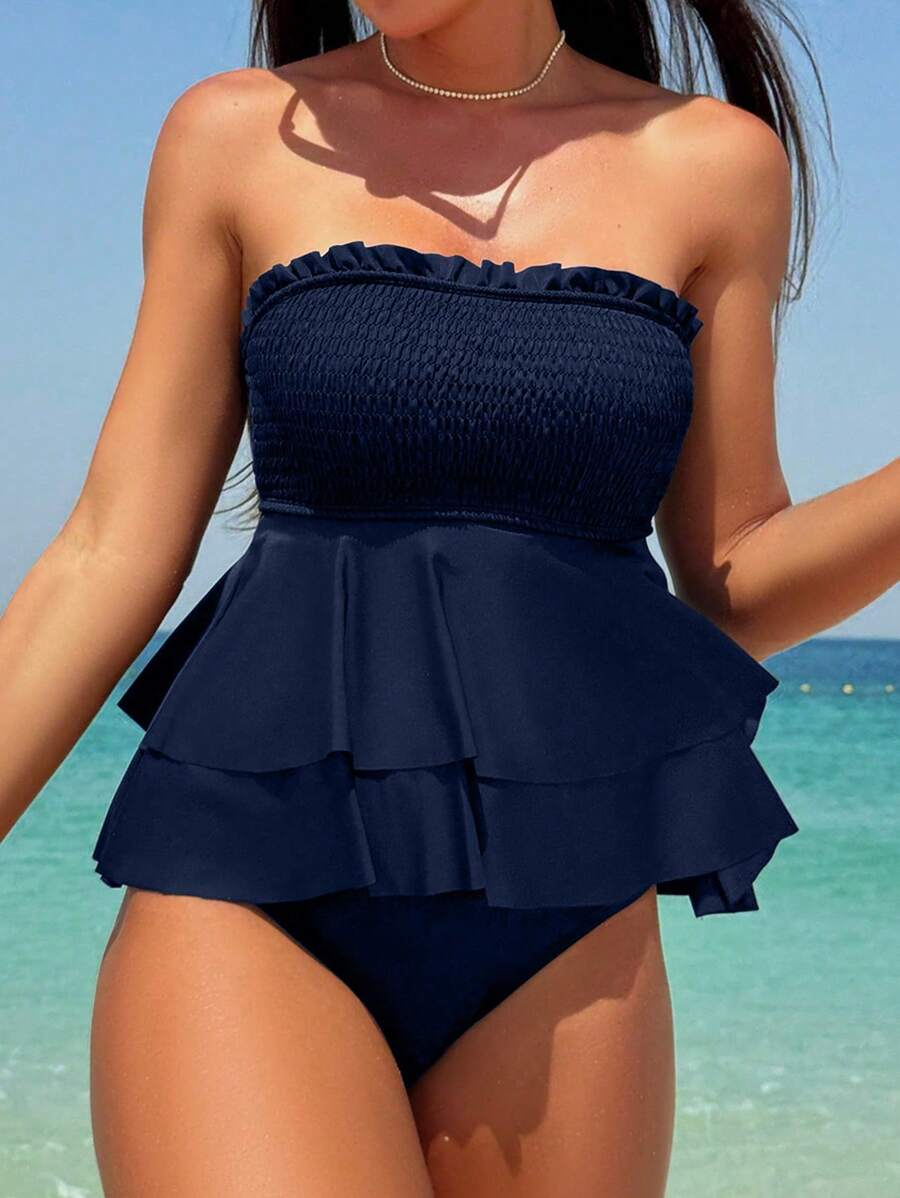 Swim Mod Women's Summer Beach Solid Color Strapless Tankini Set - Navy Blue - View 1
