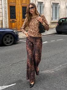 Chiquease 豹纹阔腿低腰时尚女裤