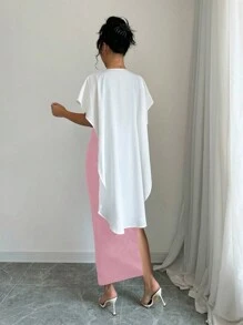 Elenzga 女士 V 领蝙蝠袖纯色拼布休闲长裙 - 粉色 - 查看 2