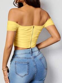 SHEIN PETITE 1 chiếc áo cánh trễ vai màu trơn ôm vừa vặn cho nữ - Màu vàng - Xem 2