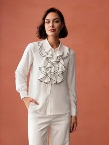 MOTF PREMIUM CONTRAST PIPING JABOT COLLAR SHIRT
