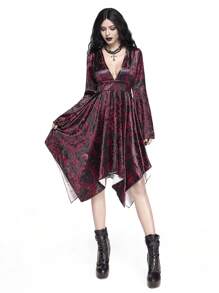 ROMWE Goth Women Deep V-Neck Allover Print Asymmetric Hem Long Sleeve Mini Dress - Black - View 6