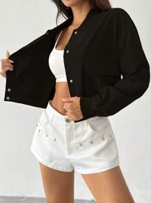 Flirla Casual Snap Button Open Front Loose Fit Baseball Jacket, For Autumn