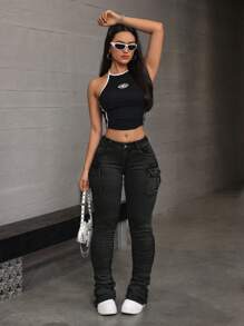 SHEIN ICON Women's Fashion Cargo Pocket Pleated Denim Jeans