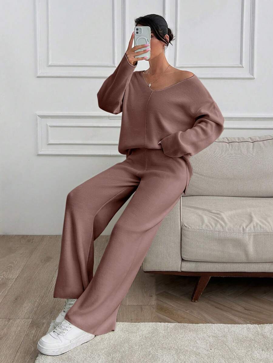 EURMUSE Women V-Neck OverSize Sweater And Knit Pant Set - Dusty Pink - View 1