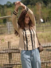 LanaWest Women's Casual Long Sleeve Round Neck T-Shirt, Contrasting Shoulder, Faux Placket Buttons, Floral Cuff & Hem Trim, Knitted Fabric, Black & Apricot, Autumn/Winter