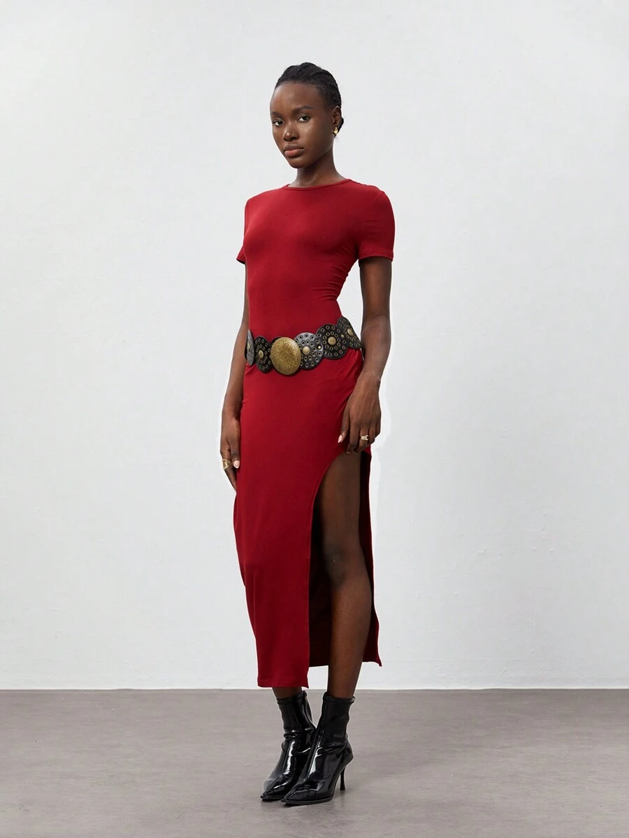 SHEIN Unity 女士纯色修身高开叉连衣裙 - 酒紅色 - 查看 1