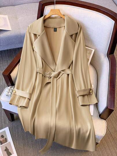 Flirla Plus Size Solid Color Front Tie Long Sleeve Collared Minimalist Casual Trench Coat