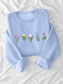SHEIN EZwear Women's Round Neck Long Sleeve Floral Print Casual Sweatshirt, Daily Wear Pullover Fall Outfit - Baby Blue - View 1