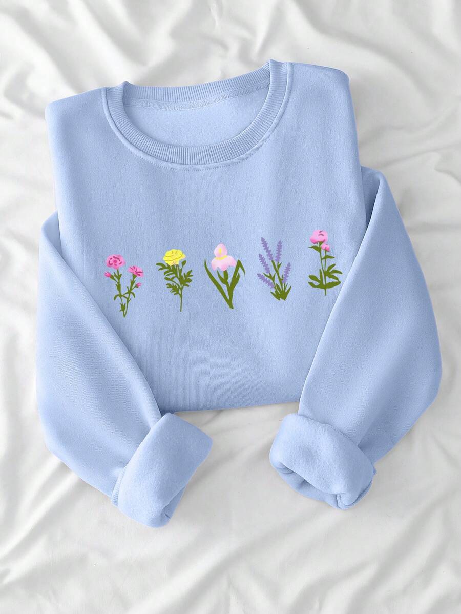 SHEIN EZwear Women's Round Neck Long Sleeve Floral Print Casual Sweatshirt, Daily Wear Pullover Fall Outfit - Baby Blue - View 1