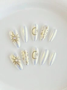 ROMWE Hippie 10 miếng dán móng tay hình trăng lưỡi liềm thanh lịch + 3 miếng dán hai mặt, miếng dán móng tay vẽ tay theo chủ đề mặt trời có thể tháo rời Y2K, nghệ thuật làm móng bóng chất lượng cao, thích hợp cho ngày lễ, tiệc tùng, khiêu vũ và mặc hàng ngày - Nhiều màu - Xem 2