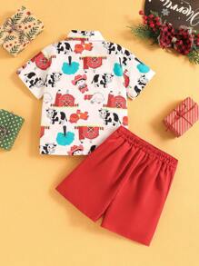 Bộ 2 áo sơ mi tay ngắn và quần short in hình con bò cho bé gái, thường ngày mùa hè, dành cho Giáng sinh - Đỏ - Xem 2