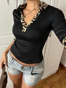 INAWLY Women's Leopard Print Lapel Thermal Lined Long Sleeve T-Shirt Fall Cloth For Women - Black - View 5
