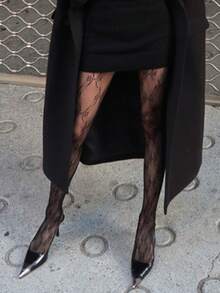 DAZY 女士蕾丝蝴蝶结黑色连裤袜 - 黑色 - 查看 7