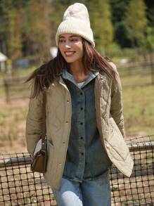 LanaWest Women Casual Khaki Round Neck Button Pocket Quilted Padded Padded Coat Clothes Winter