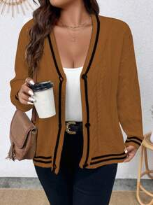 Calvaya 大码女式条纹落肩长袖单排扣宽松休闲开衫，秋冬 - 棕色 - 查看 4