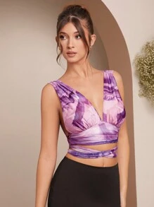 L'Amorae Winter Women Clothes, Women Elegant Purple Floral Print V-Neck Cropped Fitted Fashion Tank Top With Tie-Up Back. For Date Night, Concerts, Performances, Wedding, Parties, Clubs - Multicolor - View 3