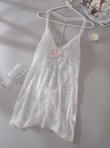 大码珍珠装饰露背性感吊带背心连衣裙内衣 - 白色 - 查看 1