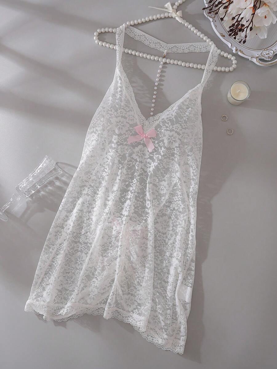 大码珍珠装饰露背性感吊带背心连衣裙内衣 - 白色 - 查看 1