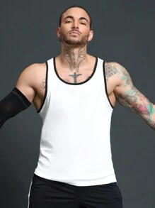 Manfinity Sport Corelite 1 PCS Boyfriend Style Men's Contrast Color Trim Sleeveless Round Neck Sports Tank Top, Summer Breathable Workout Clothes White Tank Top