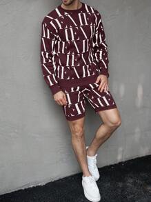 Manfinity Homme Men's Letter Print Round Neck Long Sleeve Sweater Top And Shorts Casual 2 Pieces Outfit
