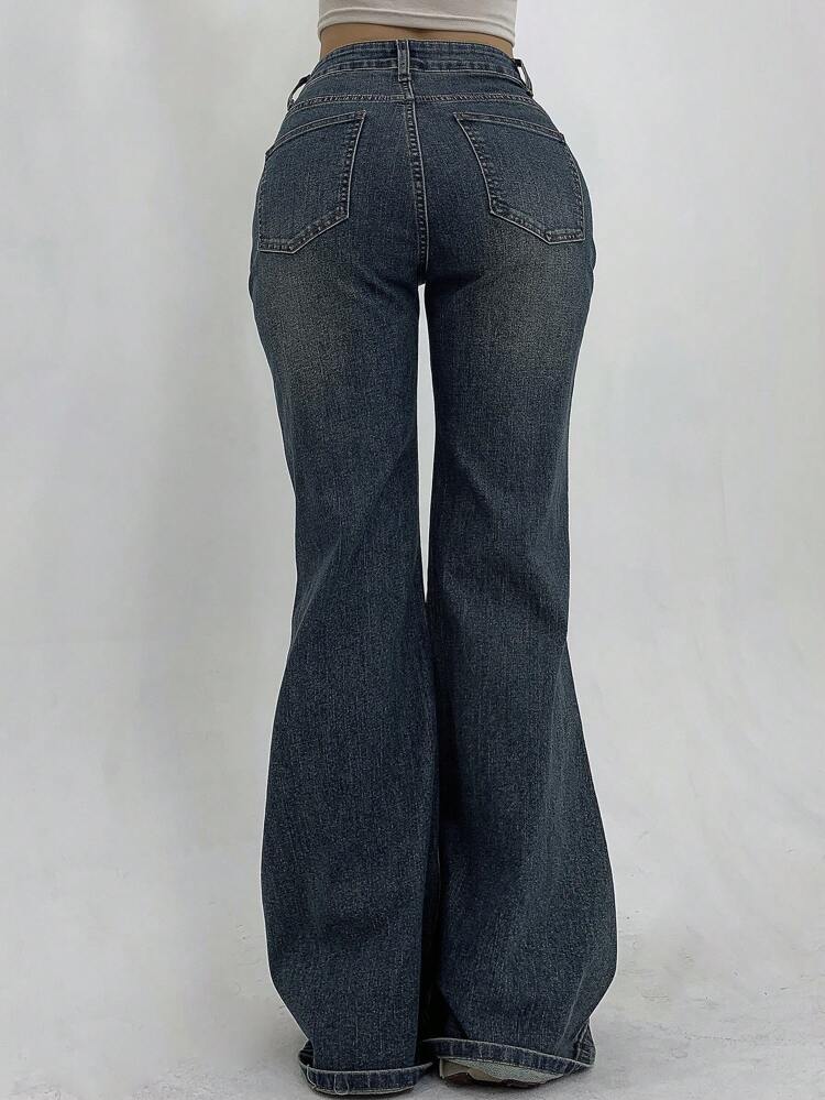 Women's Plain Pockets Casual Flare Jeans Pants