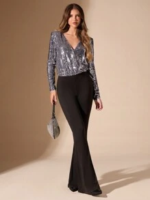 SHEIN BAE Elegant Sequin Deep V-Neck Long Sleeve Bodysuit For Women, Suitable For Party, Club, Night Out In Autumn And Winter