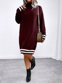 SHEIN LUNE Plus Size Plain Color Block Turtleneck Long Sleeve Minimalist Casual Short Sweater Dress, For Winter - Multicolor - View 5