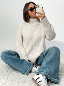 Chiquease 1 قطعة كنزة صوفية نسائية كاجوال بلون أحادي ذات كتف منخفض وياقة عالية، مناسبة للخريف والشتاء، بتصميم محبوك - بيج - مشاهدة 6