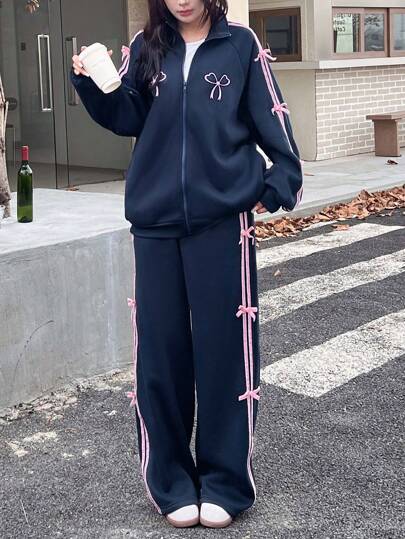 INAWLY 2 件套女士休闲运动装蝴蝶结装饰连帽衫和阔腿裤，秋冬