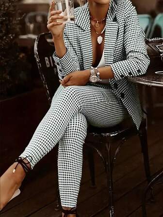 Two-Piece Plaid Print Blazer And Pants Set - Soft Micro Elastic PolyesterKnit Fabric, Geometric Pattern, Random Printing, Casual Style For AllSeasons -Long Sleeve, Button Front, No Sheer