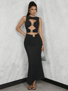 Glamine Cut Out Front Mermaid Hem Longline Dress   Sexy Dress - Black - View 3