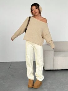 SHEIN Unity Áo len dài tay cổ lệch dáng rộng rãi, đa năng, thích hợp mặc mùa thu đông. - Màu Khaki - Xem 3